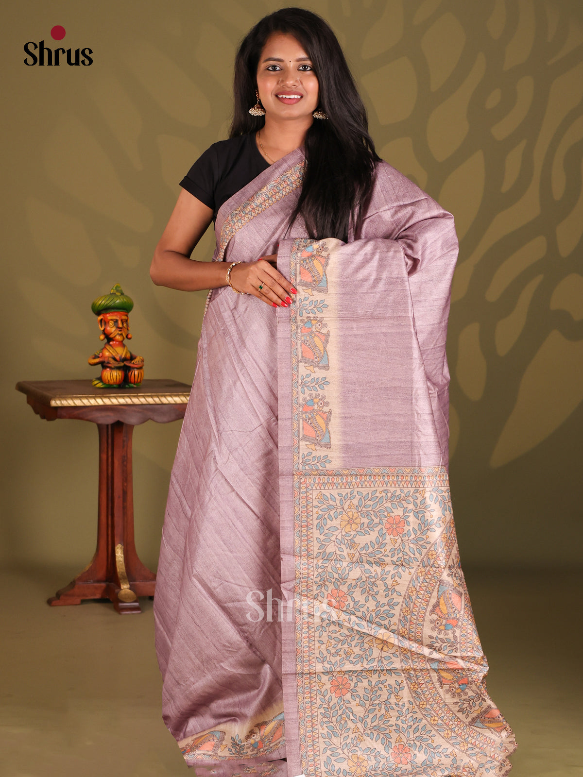 Lavender & Cream- Printed Madhubani Saree - Shop on Shrus.com