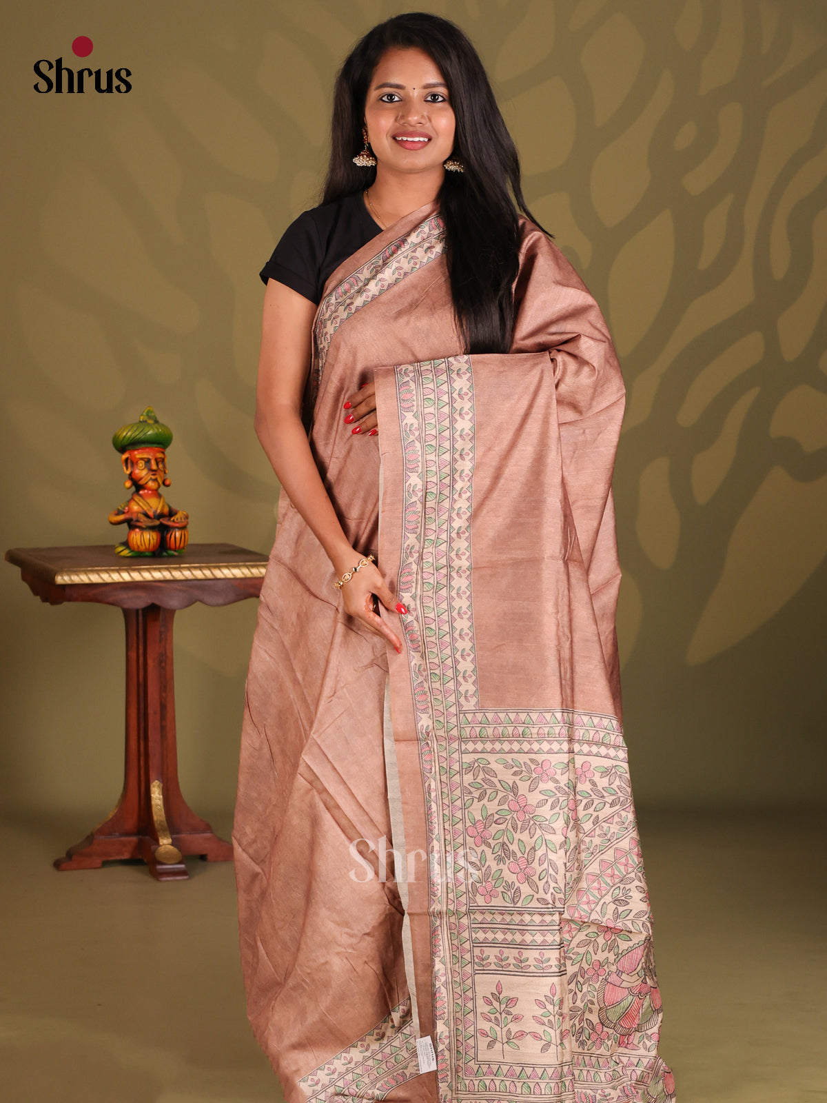 Dusty Brown & Cream- Printed Madhubani Saree - Shop on Shrus.com