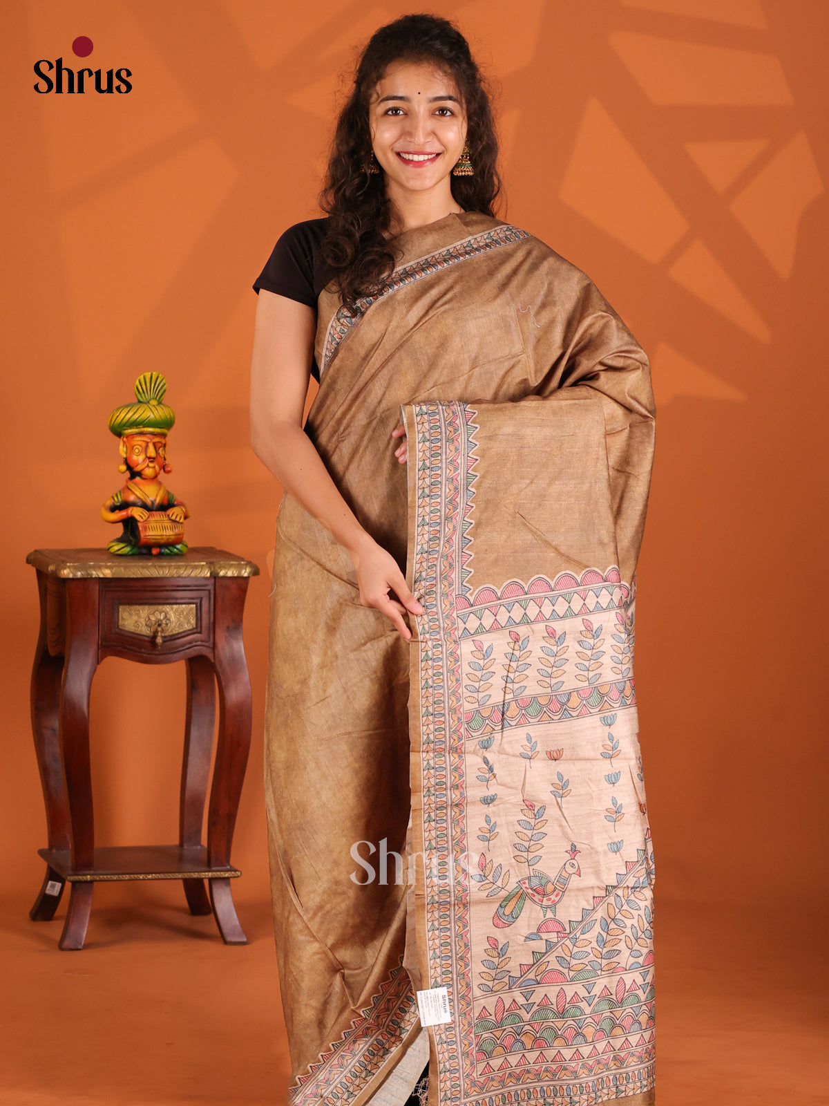 Brown & Cream- Printed Madhubani Saree - Shop on Shrus.com