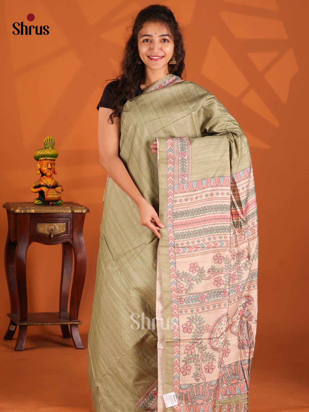 Light Green & Cream- Printed Madhubani Saree - Shop on Shrus.com