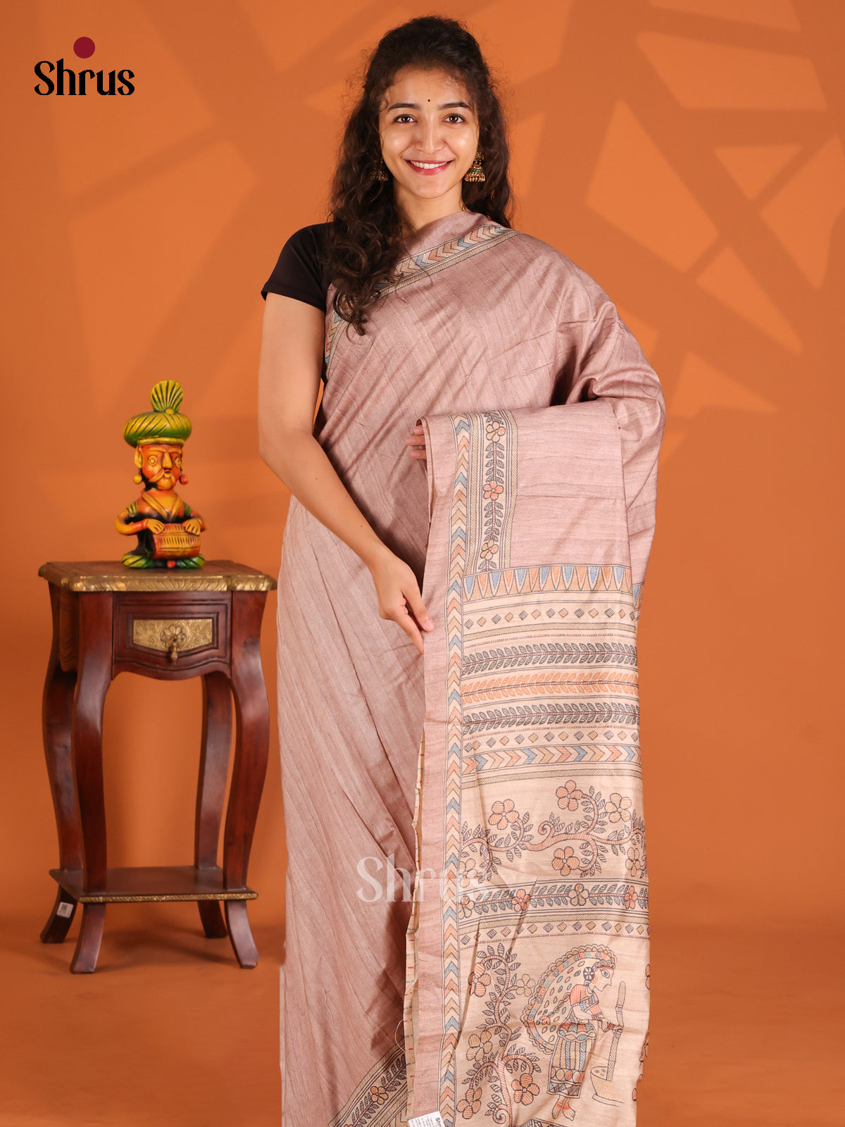 Dusty Brown- Printed Madhubani Saree - Shop on Shrus.com