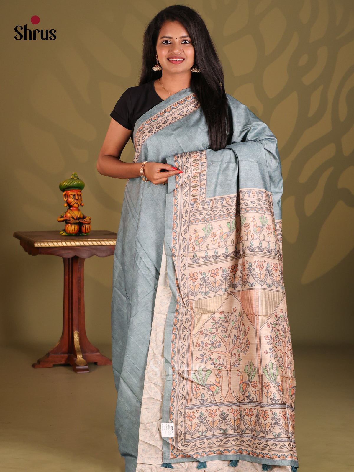 Light Blue & Cream- Printed Madhubani Saree - Shop on Shrus.com