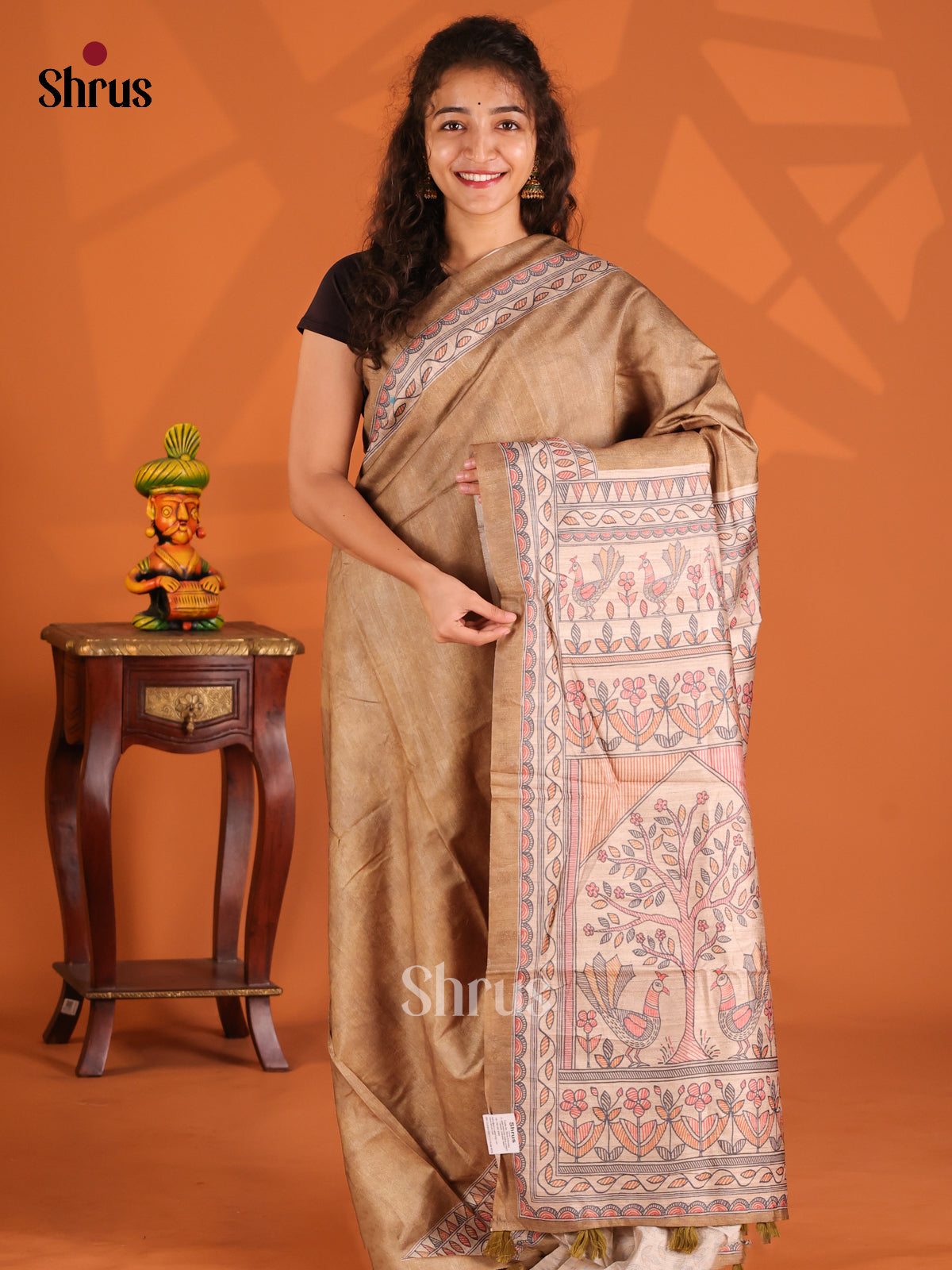 Brown & Cream - Printed Madhubani Saree - Shop on Shrus.com