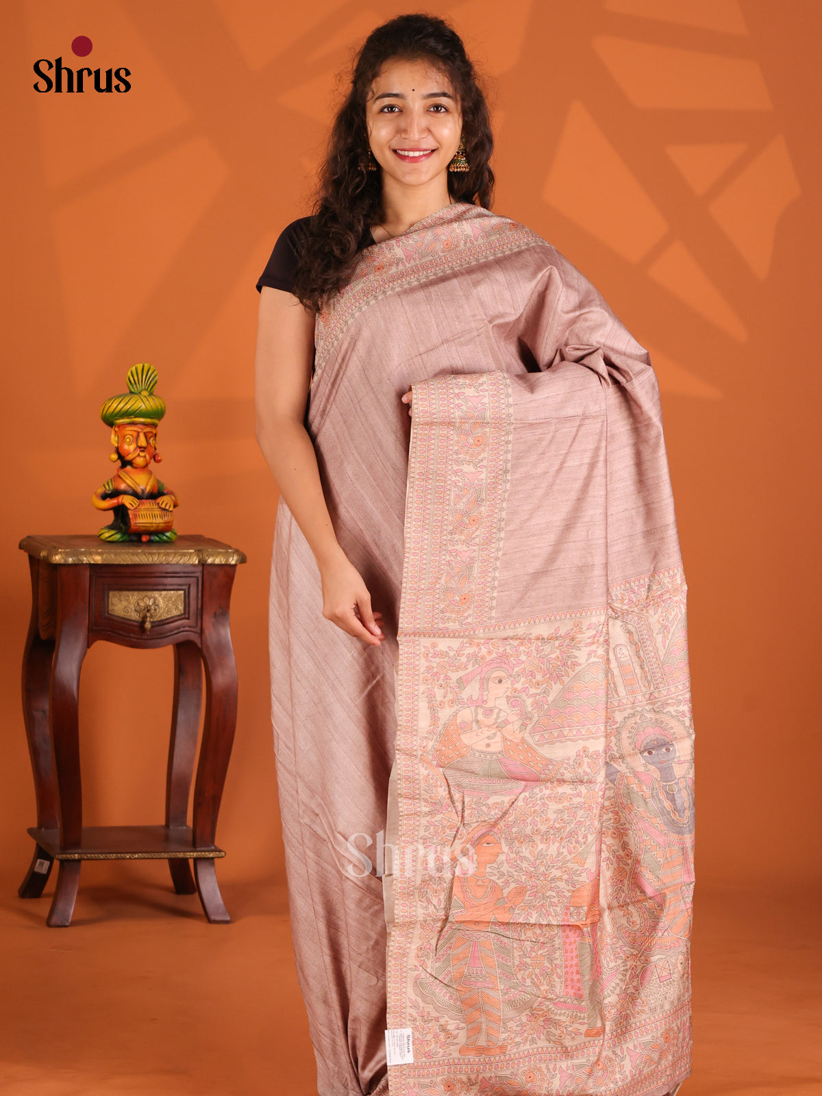 Dusty Brown & Cream- Printed Madhubani Saree - Shop on Shrus.com