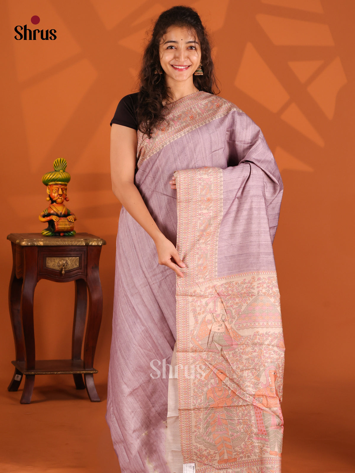 Lavender &  Cream - Printed Madhubani Saree - Shop on Shrus.com