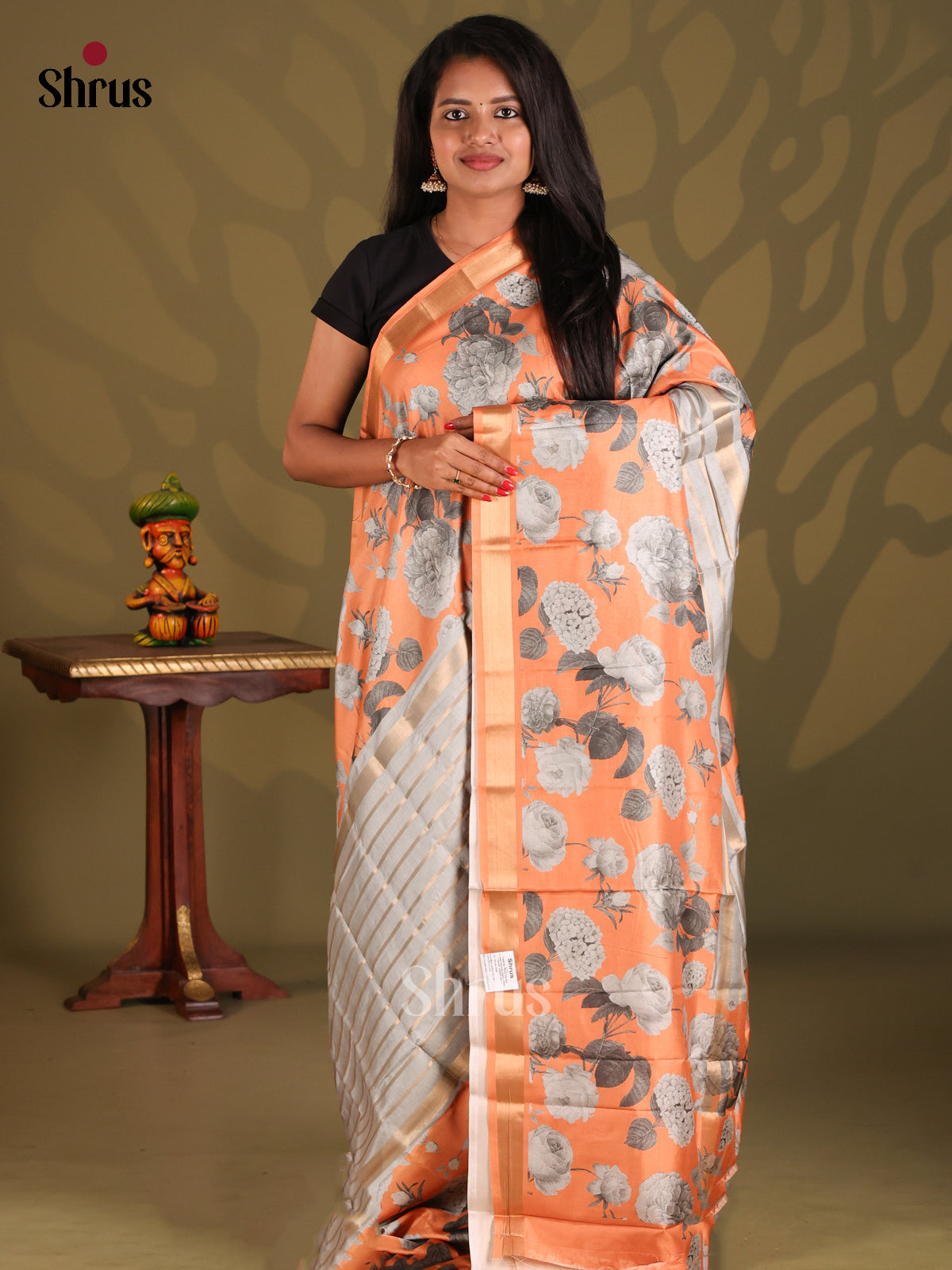 Grey & Orange- Semi Matka Saree - Shop on Shrus.com
