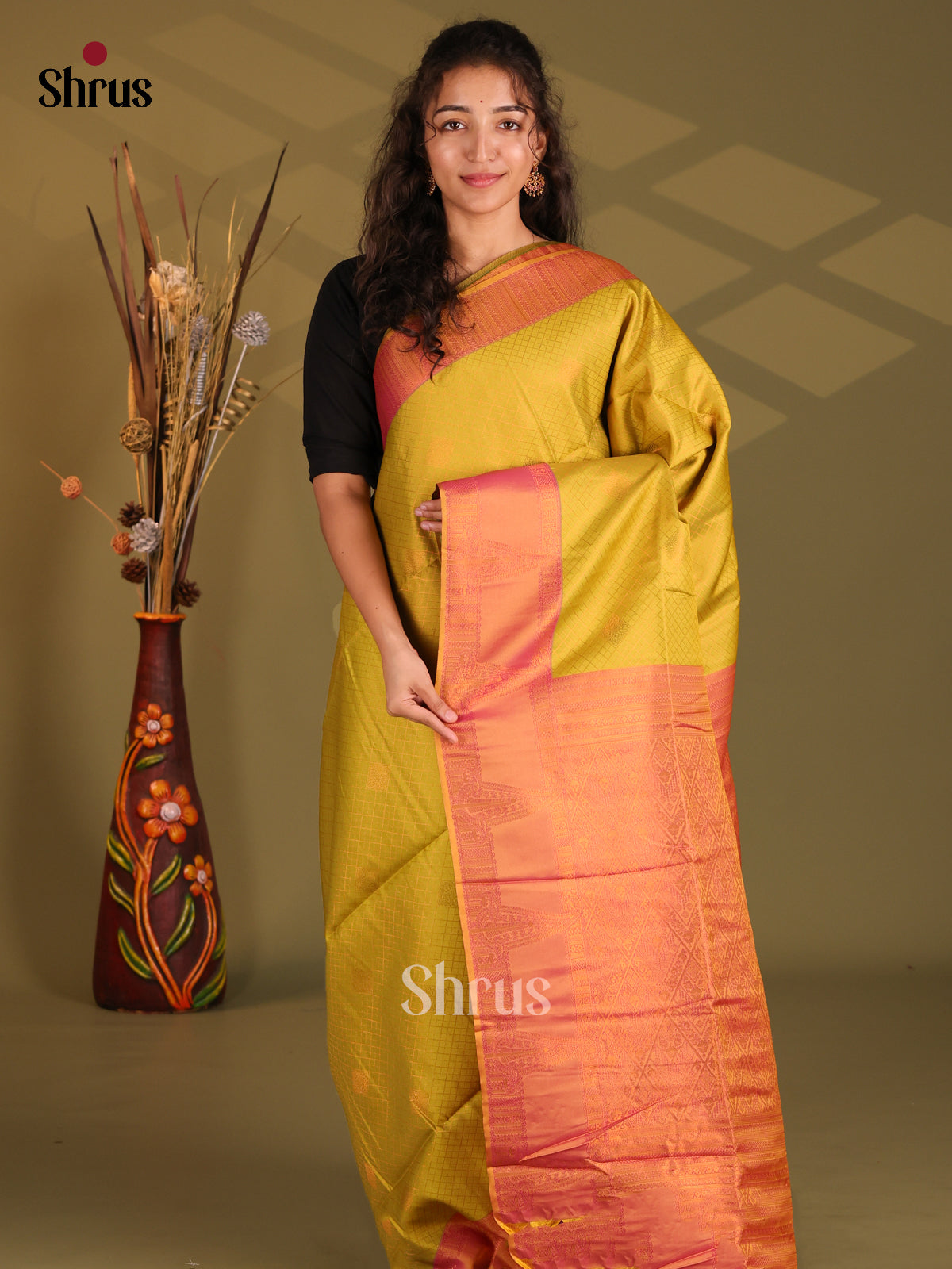 Mustardy Green & Orange- Semi Softsilk Saree - Shop on Shrus.com