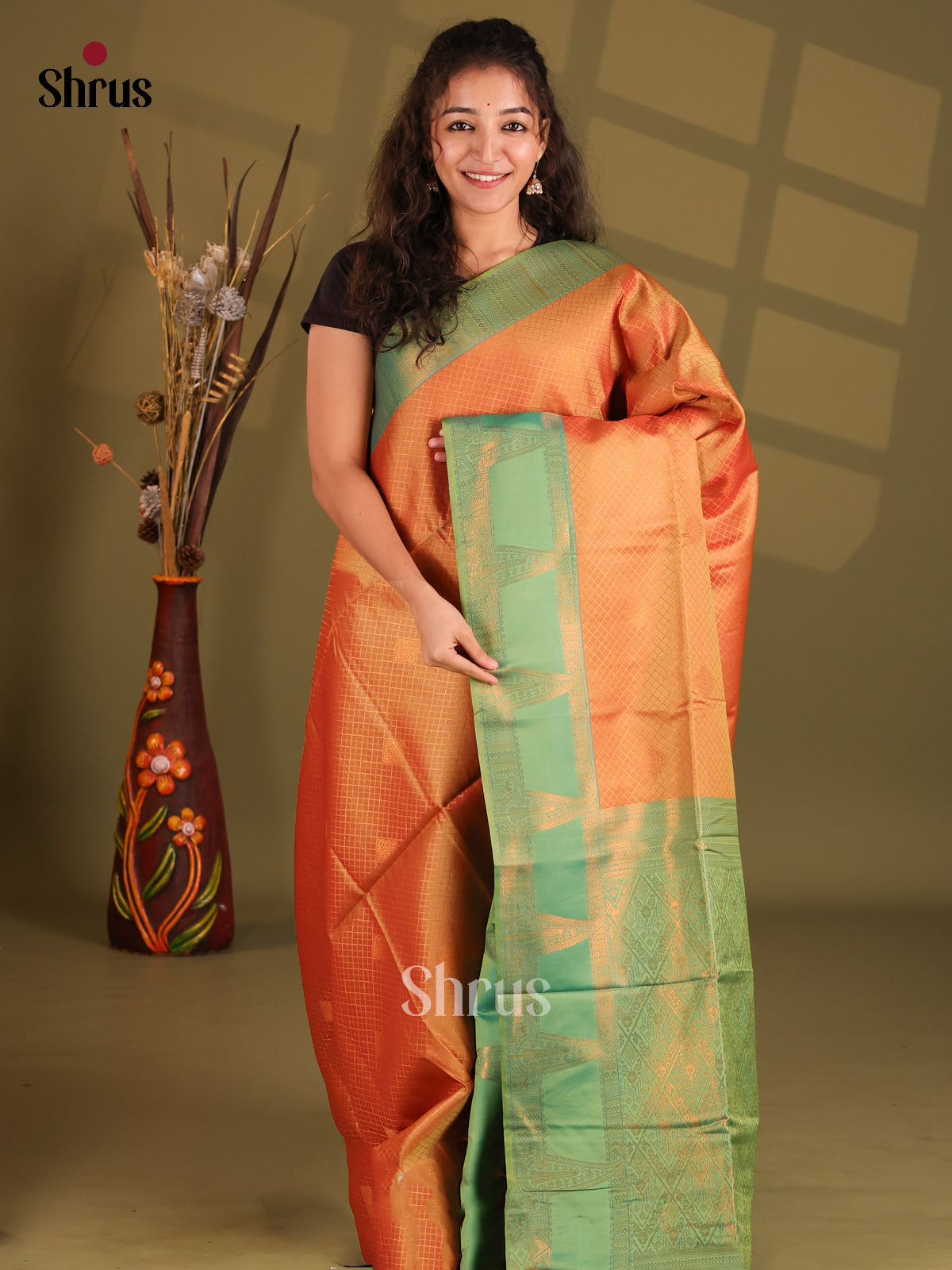 Orange & Green - Semi Softsilk Saree - Shop on Shrus.com