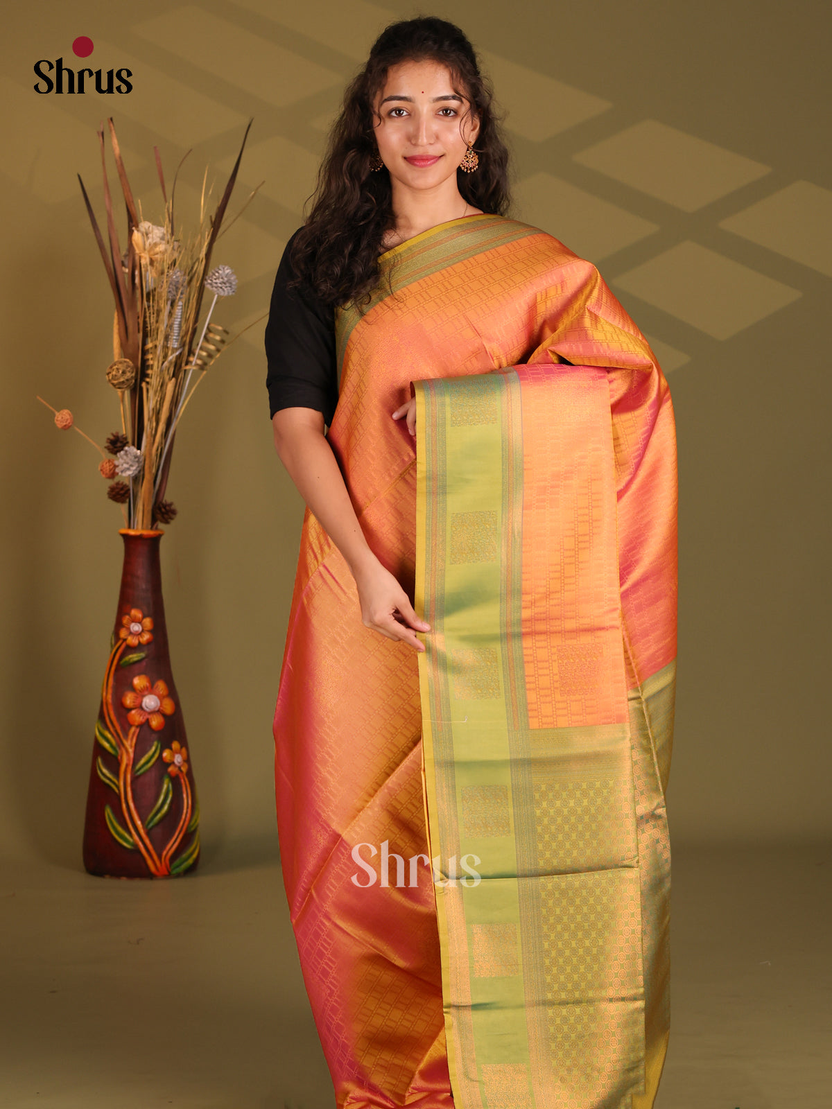 Orange & Green - Semi Softsilk Saree - Shop on Shrus.com