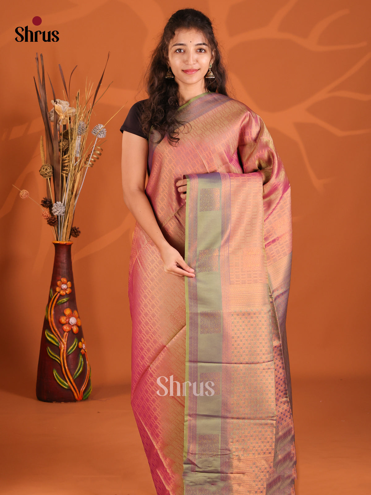 Double Shaded Brownish Green & Grey- Semi Softsilk Saree - Shop on Shrus.com