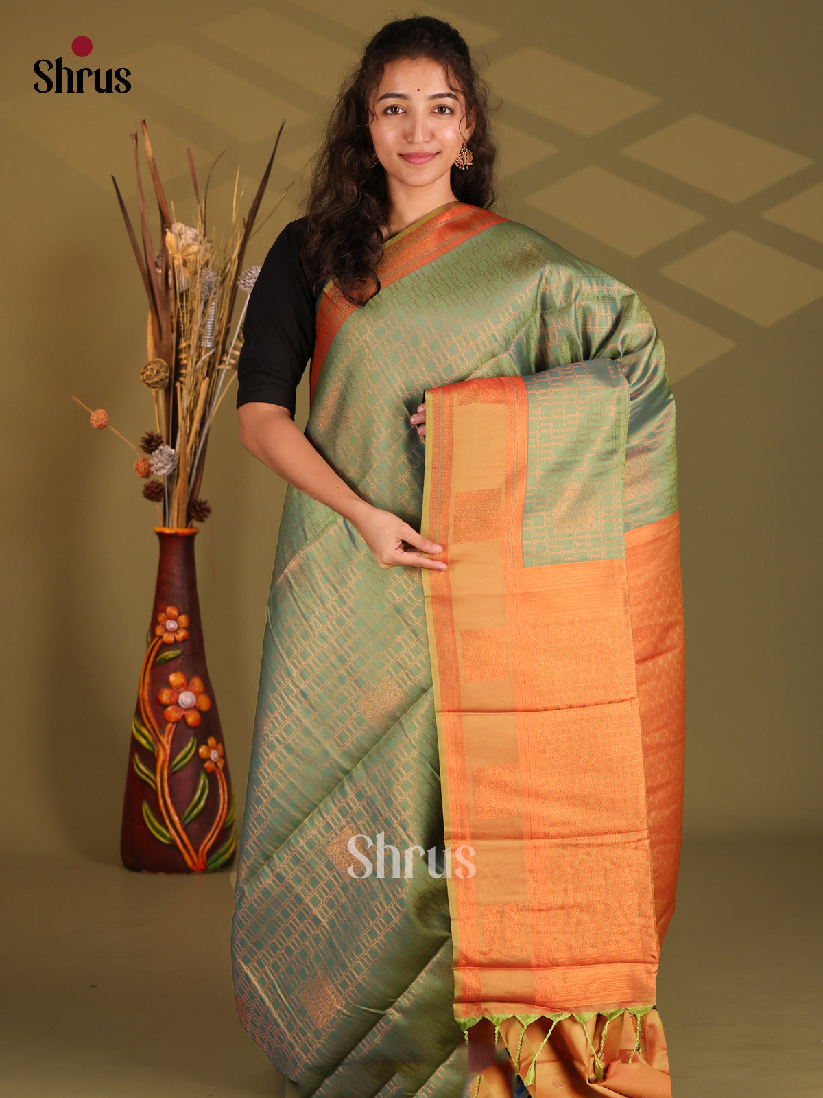 Green & Orange - Semi Softsilk Saree - Shop on Shrus.com