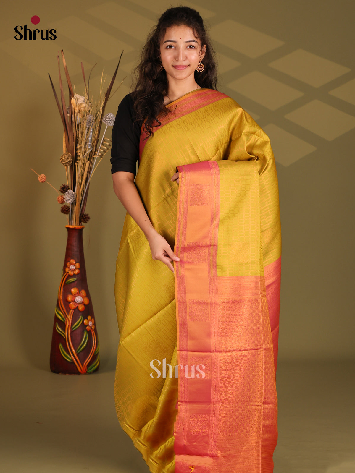 Mustardy Green & Orange - Semi Softsilk Saree - Shop on Shrus.com