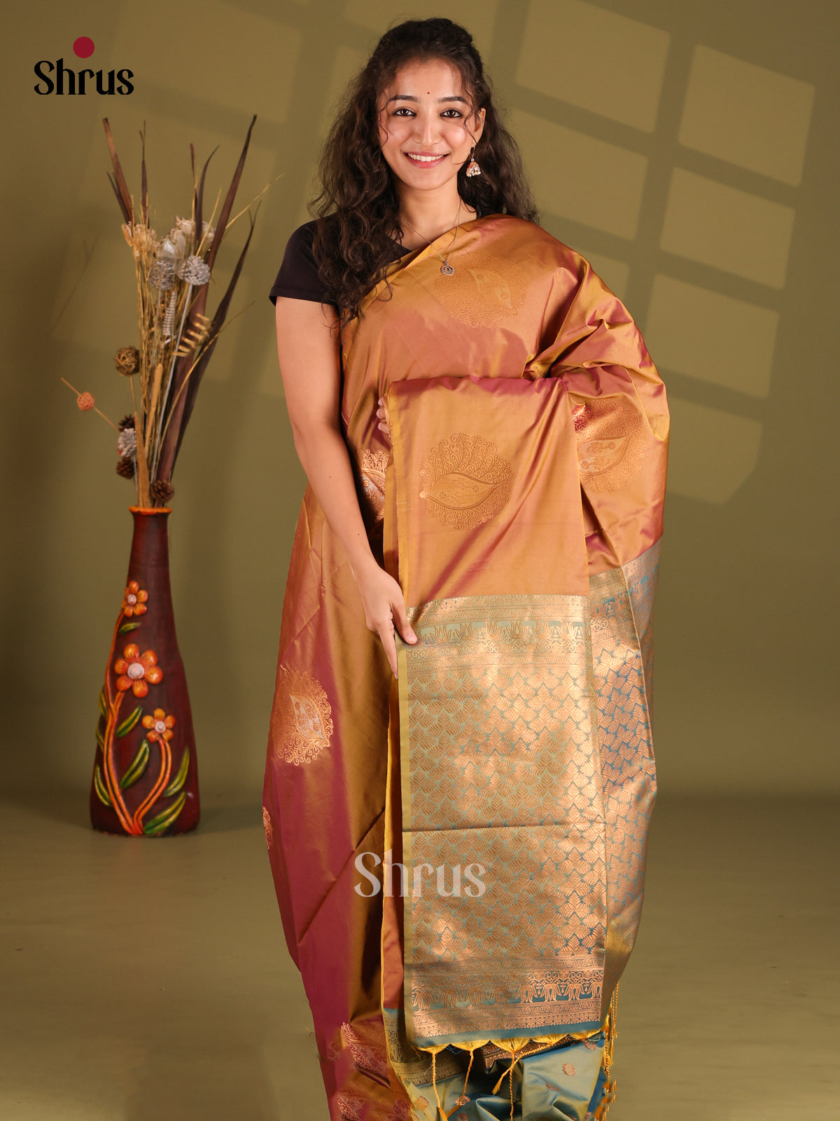 Dark Mustard & Green- Semi Softsilk Saree - Shop on Shrus.com