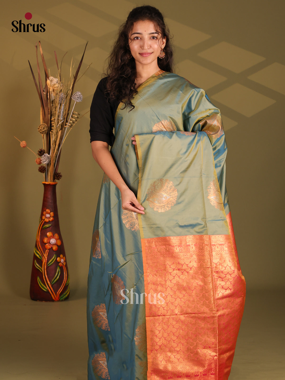 Double Shaded Green & Orange - Semi Softsilk Saree - Shop on Shrus.com