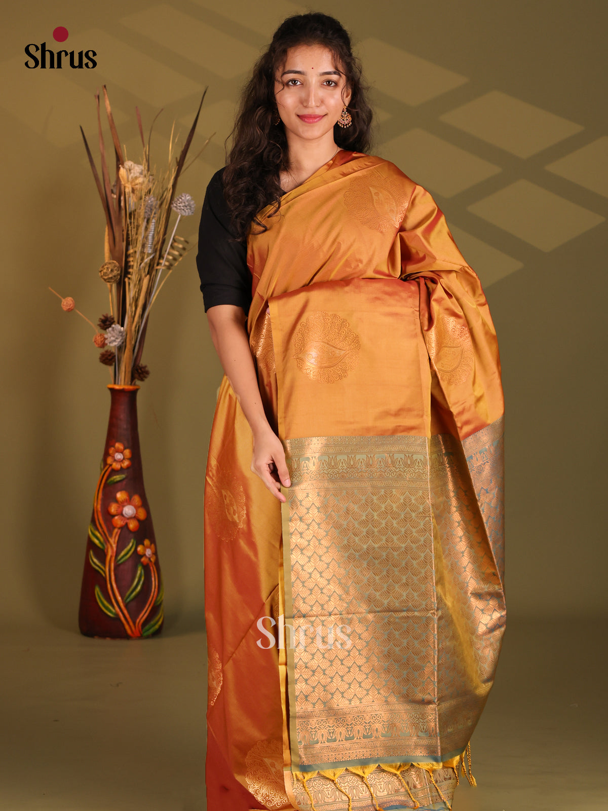 Orange & Green - Semi Softsilk Saree - Shop on Shrus.com