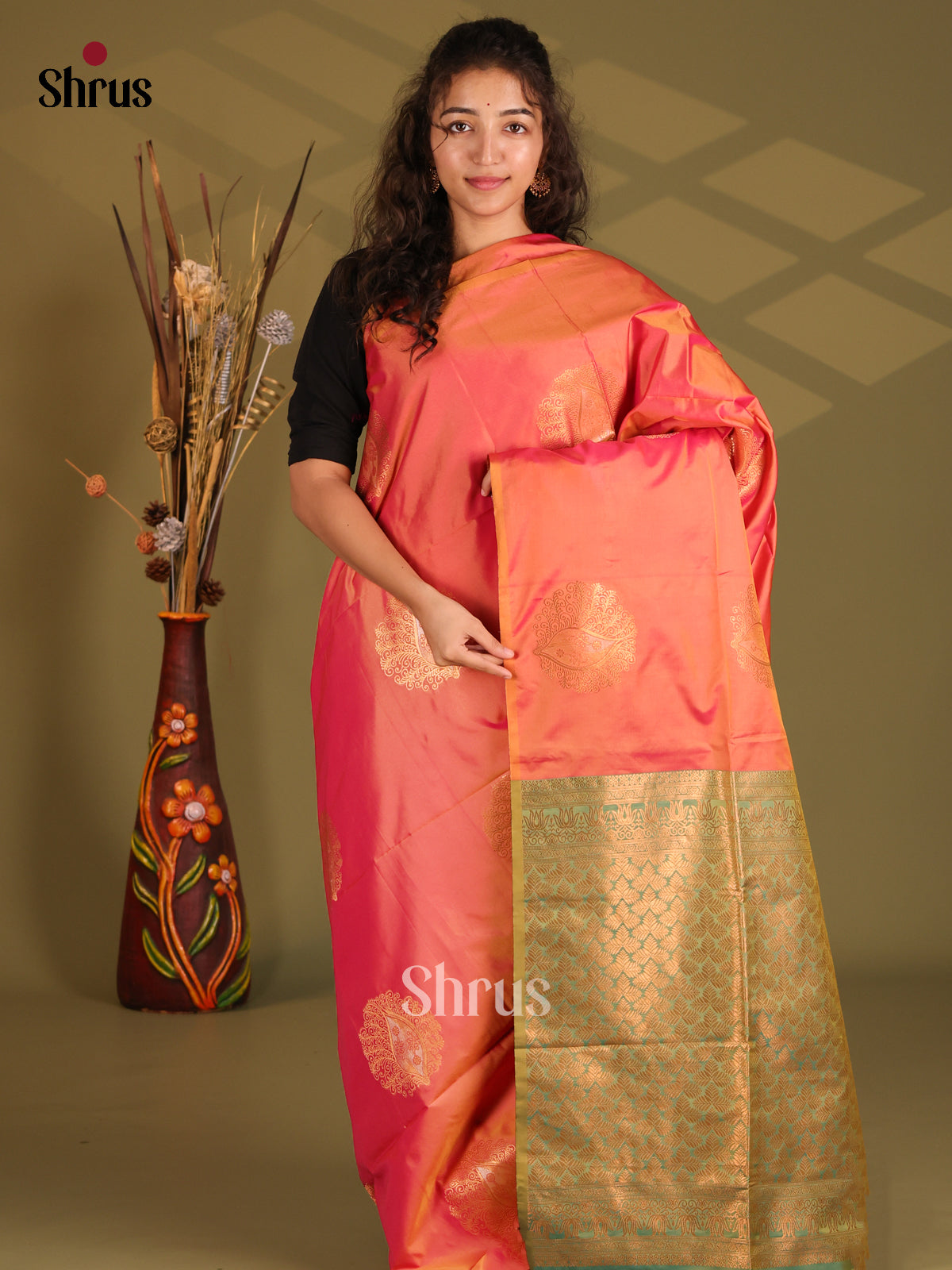 Orangish Pink & Green - Semi Softsilk Saree - Shop on Shrus.com