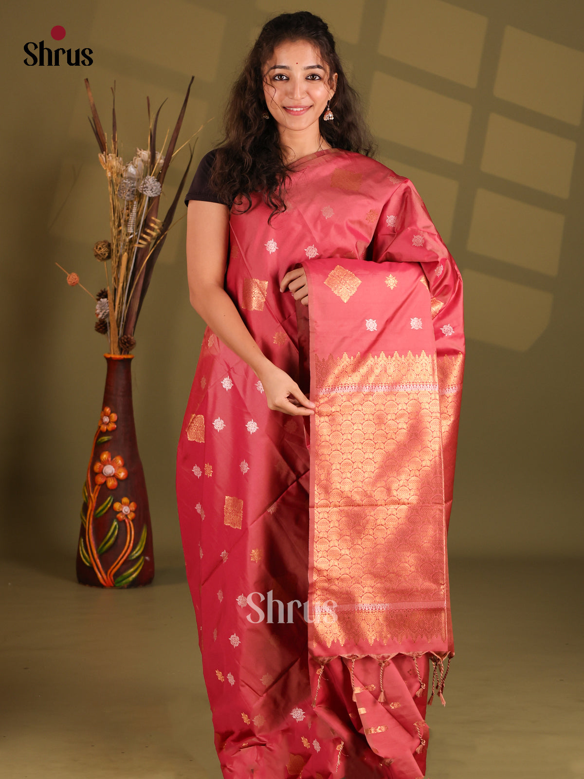 Red - Semi Softsilk Saree - Shop on Shrus.com