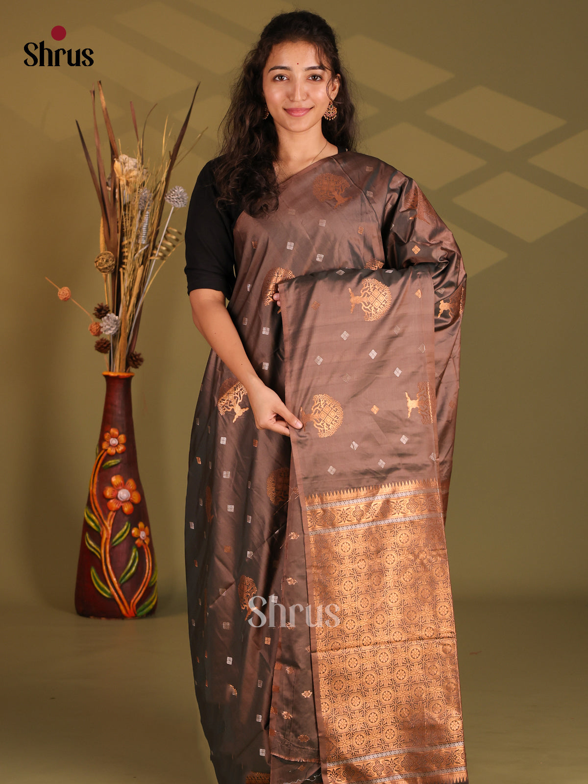 Brown - Semi Softsilk Saree - Shop on Shrus.com