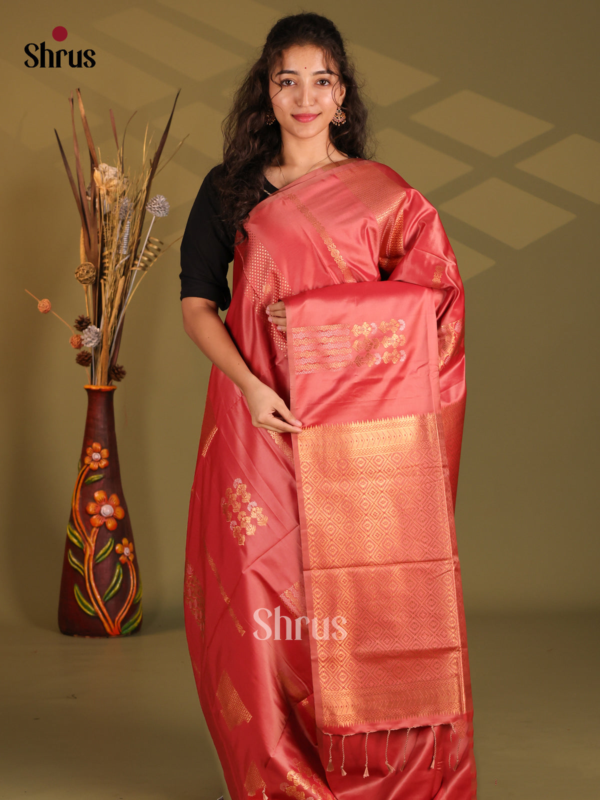 Red - Semi Softsilk Saree - Shop on Shrus.com