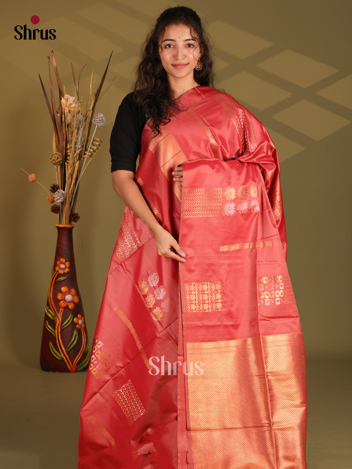 Red- Semi Softsilk Saree - Shop on Shrus.com