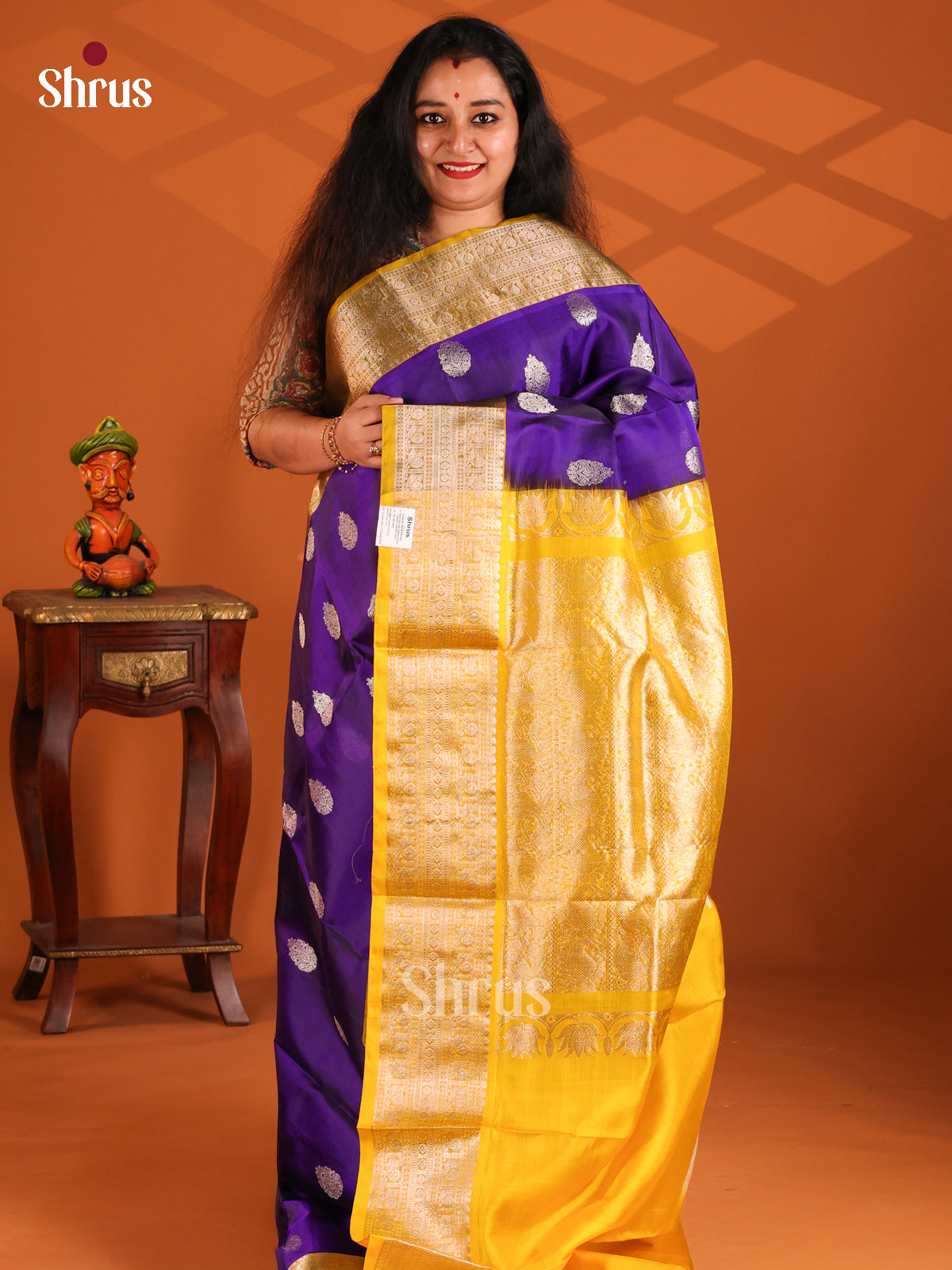 Classy Violet Venkatagiri silk Saree with zari floral motifs , contrast yellow brocade pallu - Shop on Shrus.com