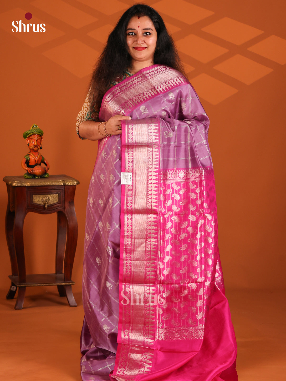 Dazzling Lavender Venkatagiri silk Saree with zari checks, floral buttis , contrast zari border - Shop on Shrus.com