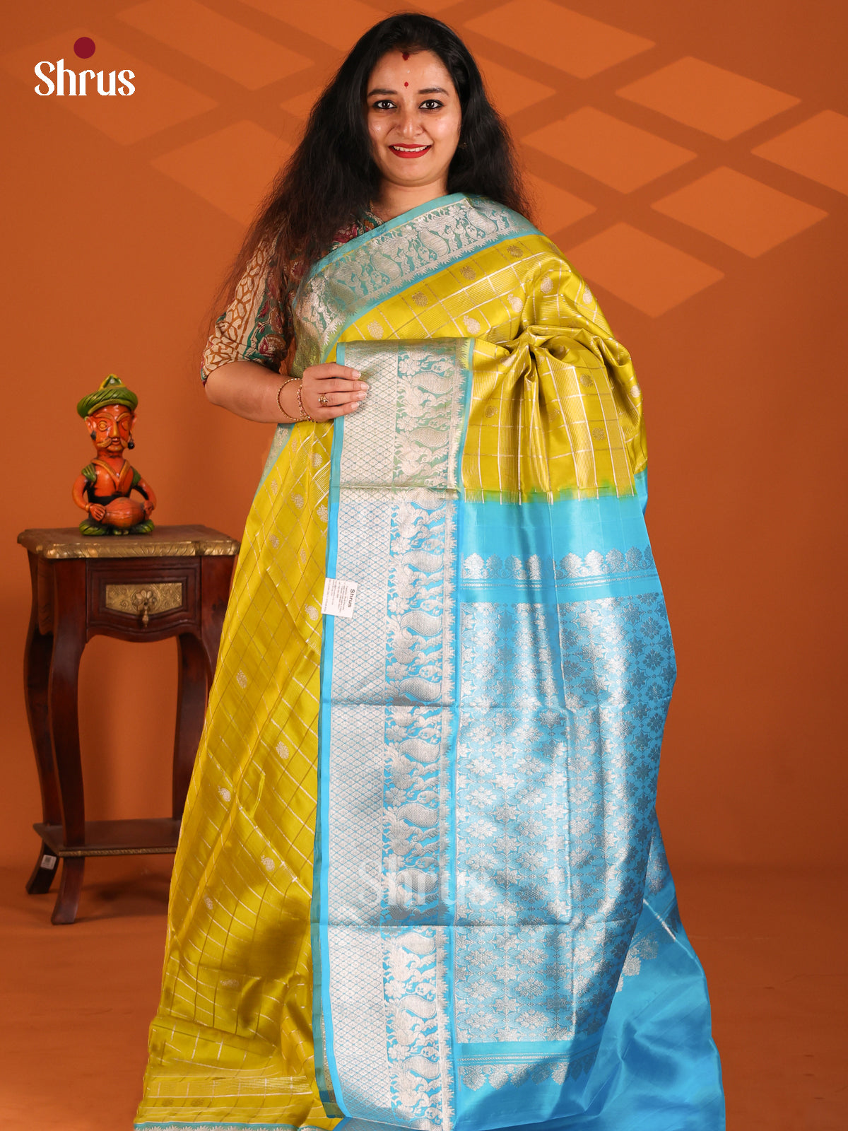 Shimmery Yellow Venkatagiri silk Saree with zari checks , peacock buttis &  Blue brocade pallu - Shop on Shrus.com