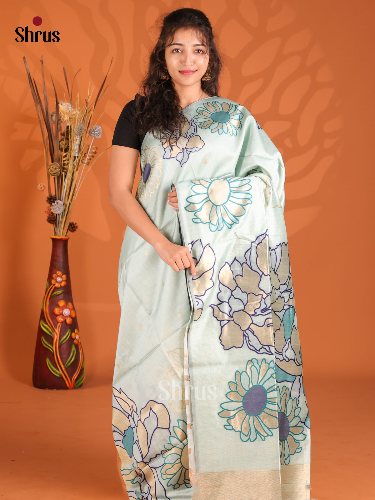 Pastel Blue - Semi Tussar Saree - Shop on Shrus.com