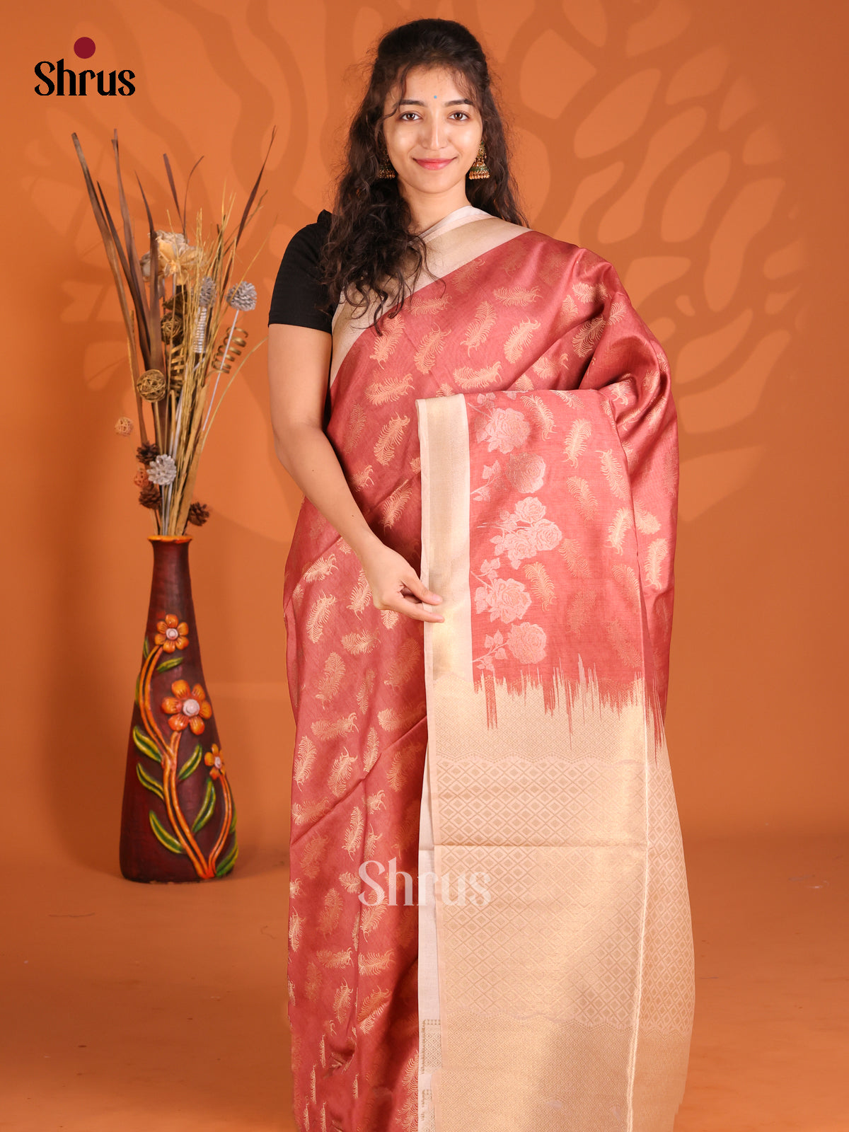 Brick & Cream - Semi Tussar Saree - Shop on Shrus.com
