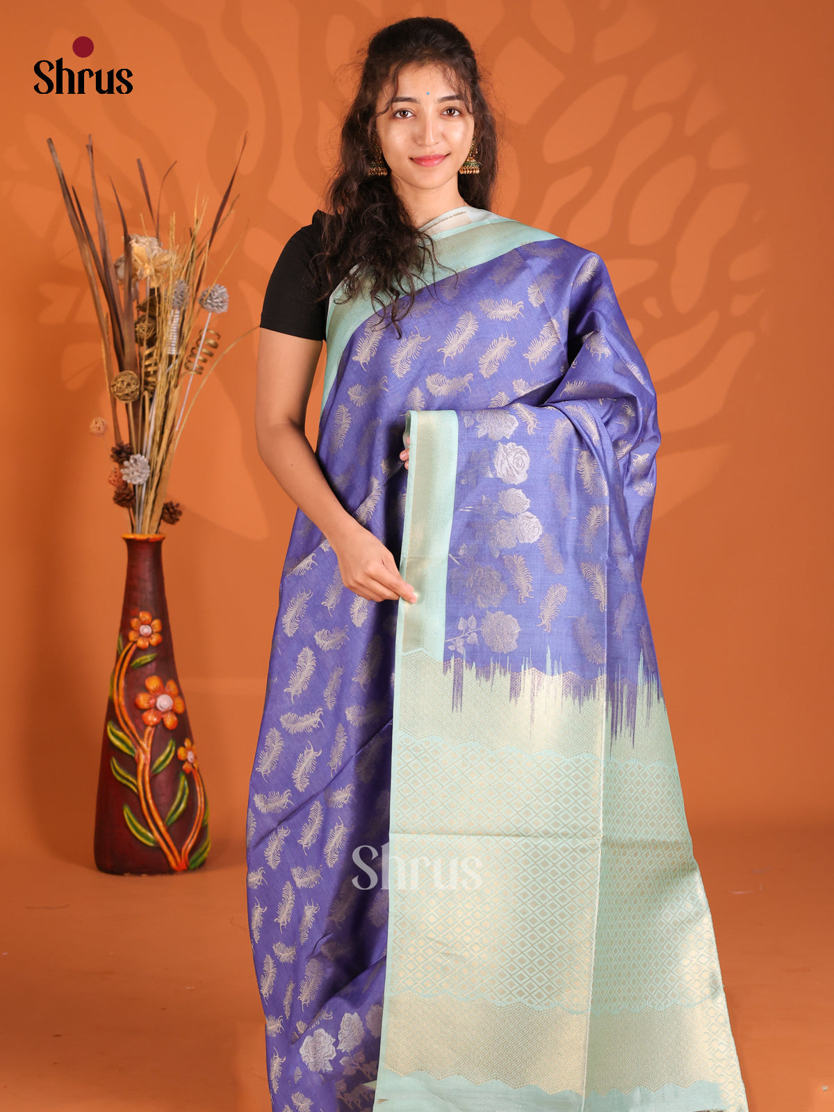 Blue & Teal- Semi Tussar Saree - Shop on Shrus.com