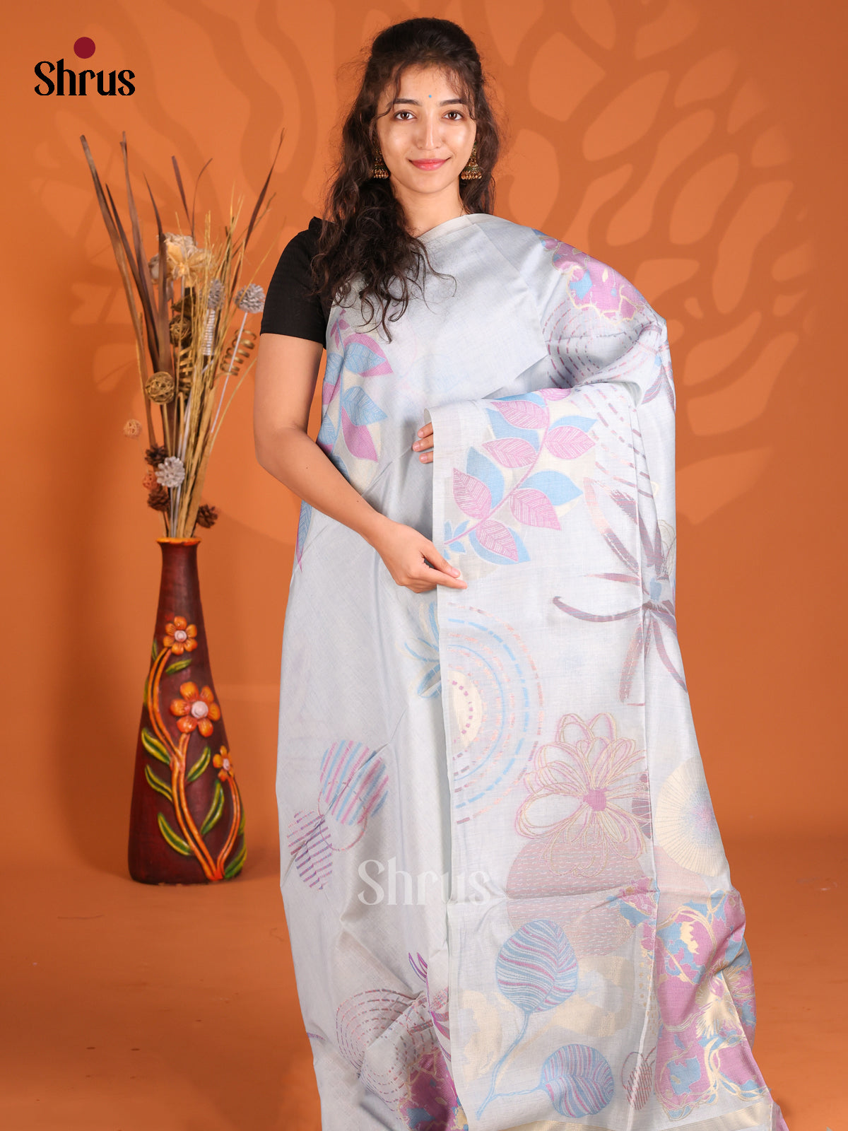 Powder Blue - Semi Tussar Saree - Shop on Shrus.com
