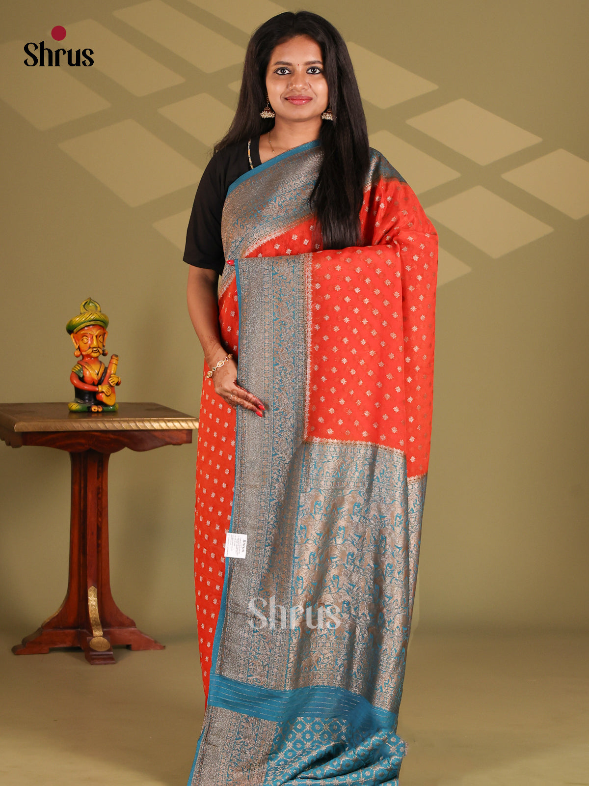 Orange & Blue - Semi Georgette Saree - Shop on Shrus.com