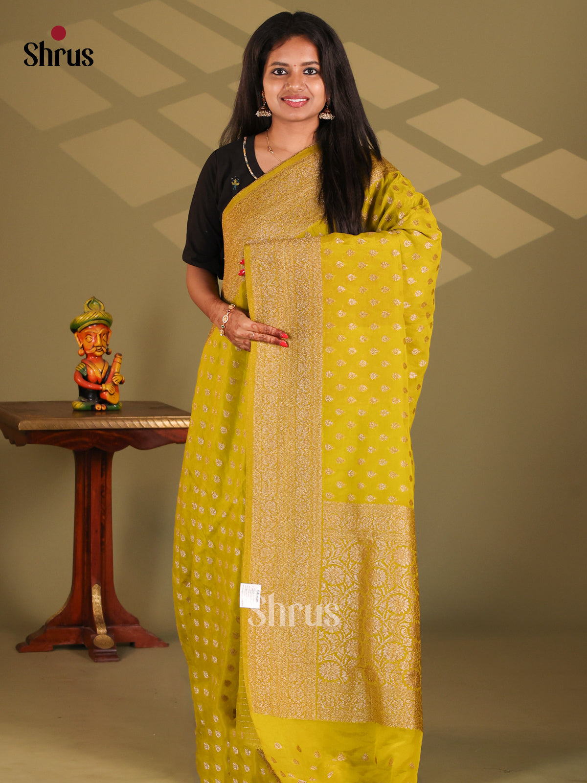 Mustardy Green(Single Tone)- Semi Georgette Saree - Shop on Shrus.com