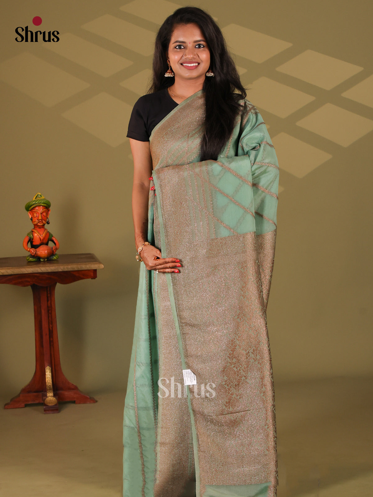Pastel Green(Single Tone)- Semi Georgette Saree - Shop on Shrus.com