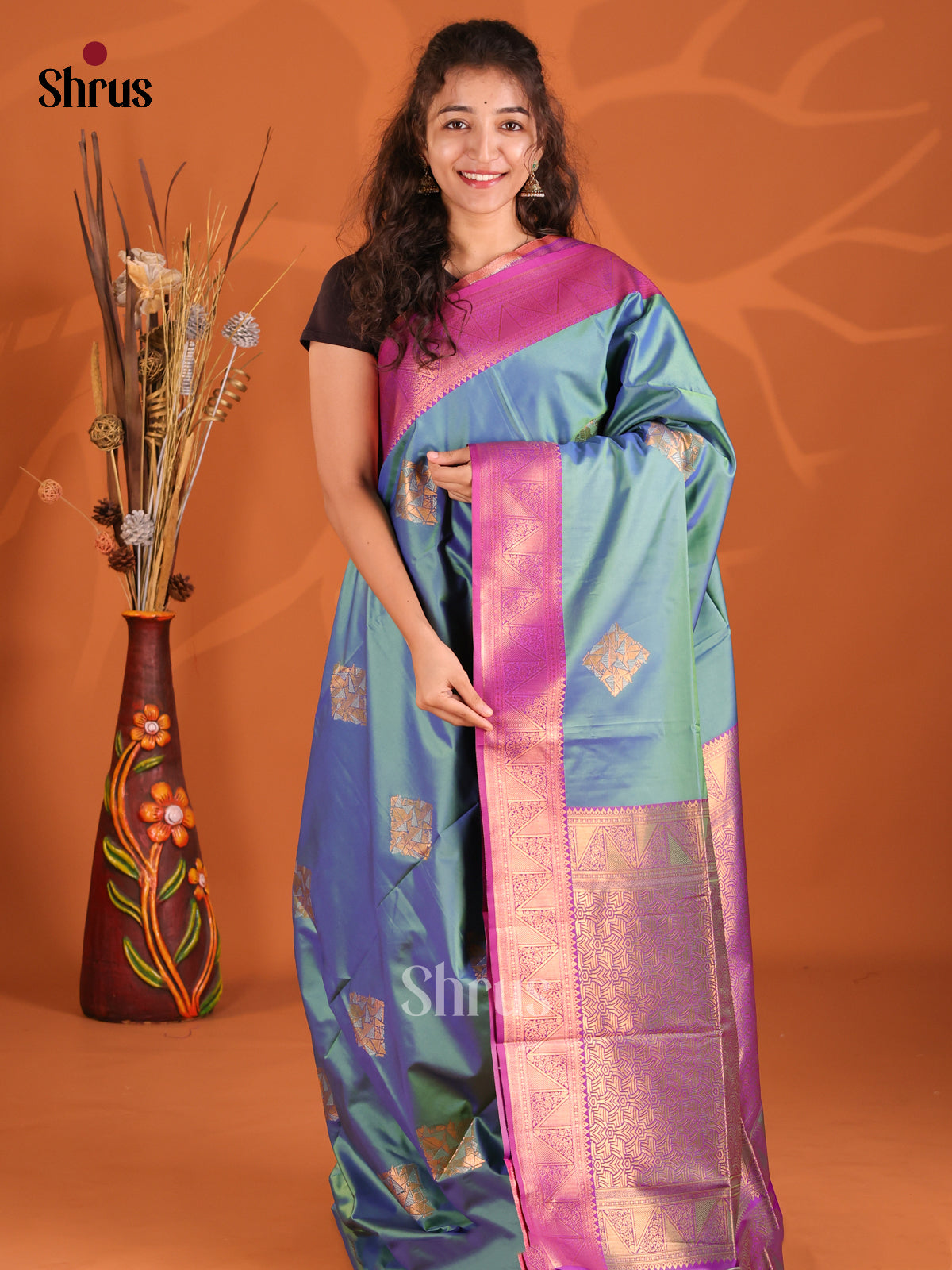 Blue & Purple - Semi Softsilk Saree - Shop on Shrus.com