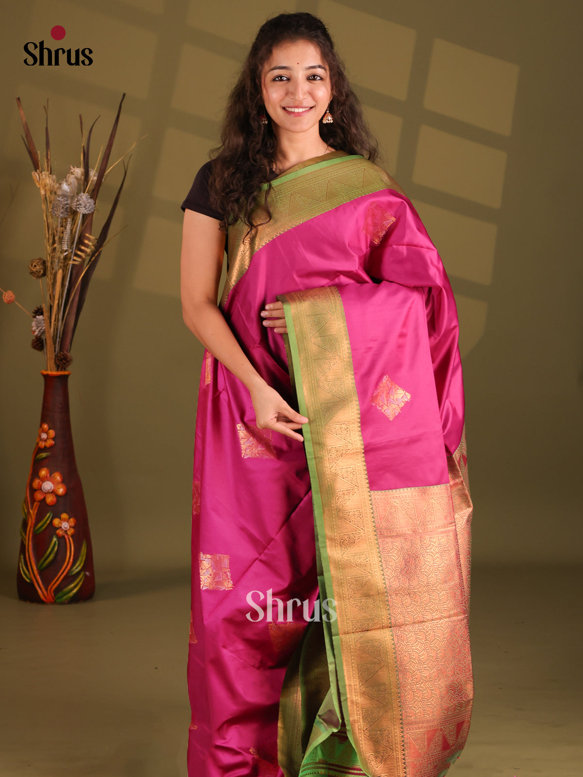 Majenta & Green - Semi Softsilk Saree - Shop on Shrus.com