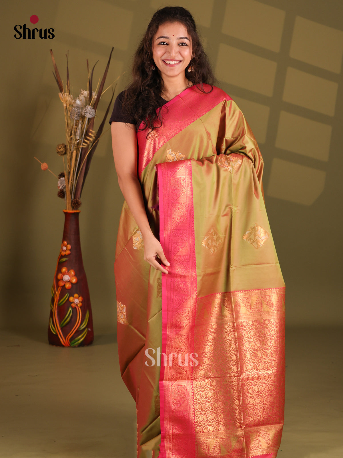 Double Shaded Green & Pink - Semi Softsilk Saree - Shop on Shrus.com