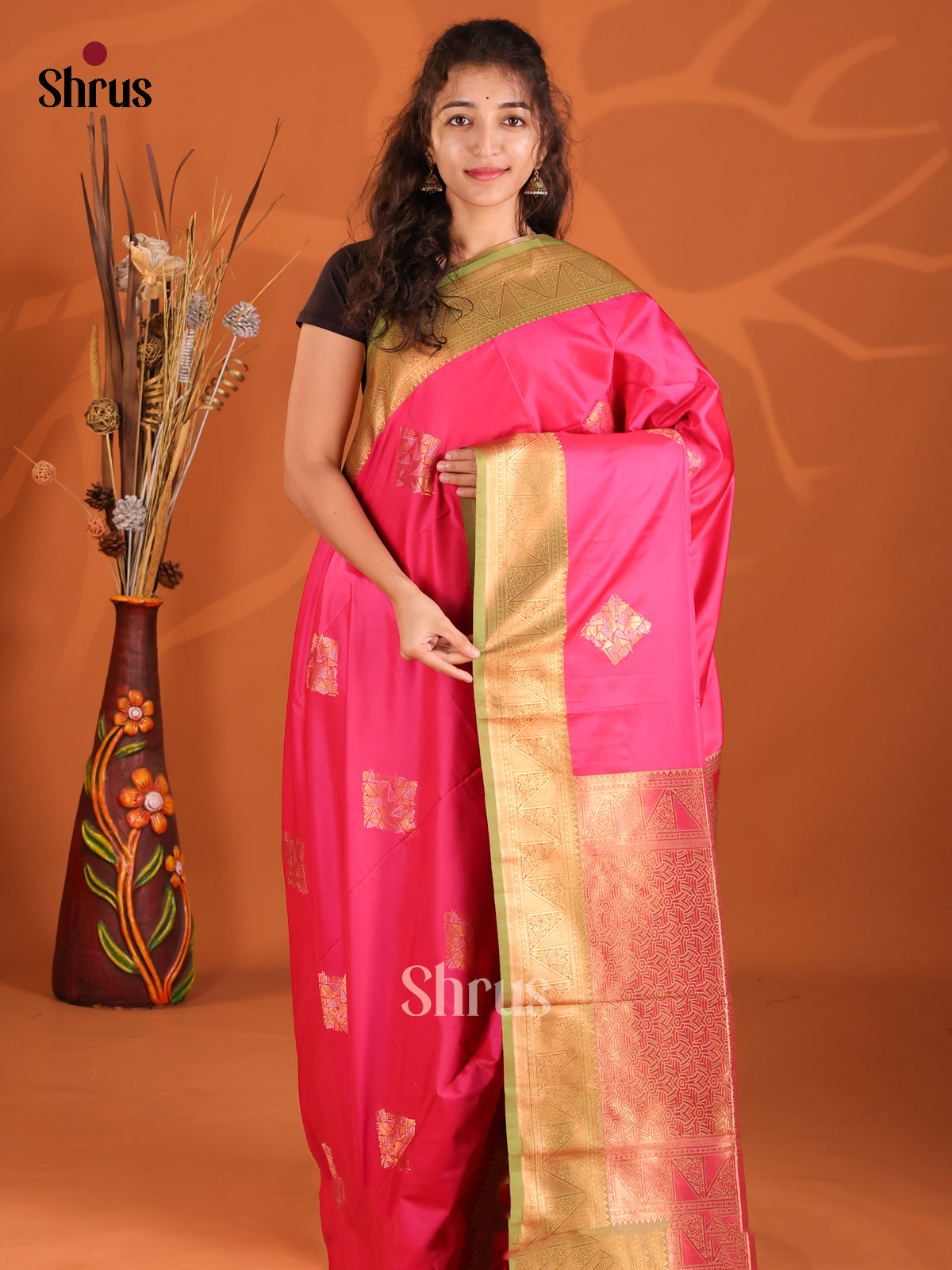 Pink & Green - Semi Softsilk Saree - Shop on Shrus.com