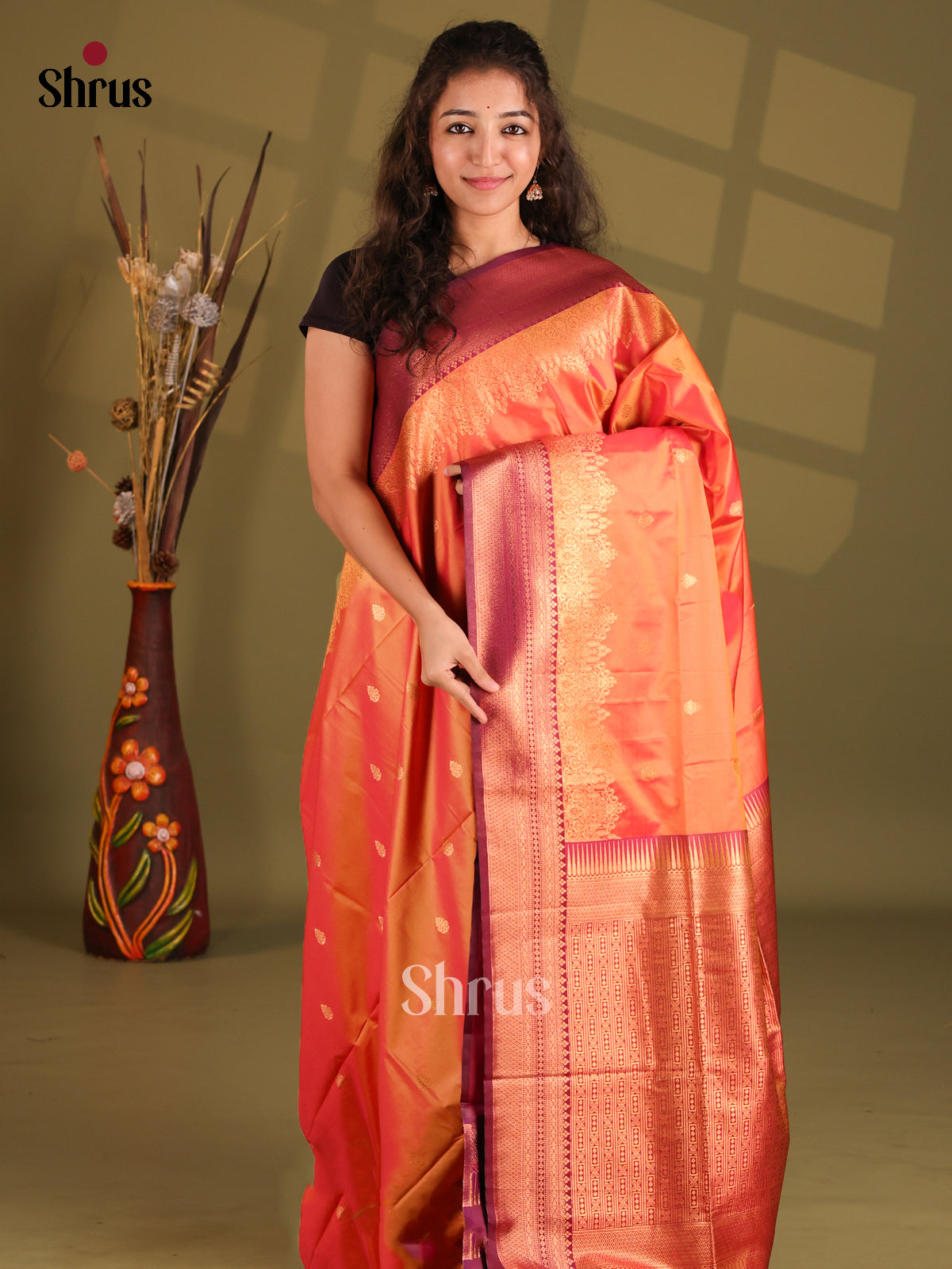 Orange & Maroon - Semi Softsilk Saree - Shop on Shrus.com