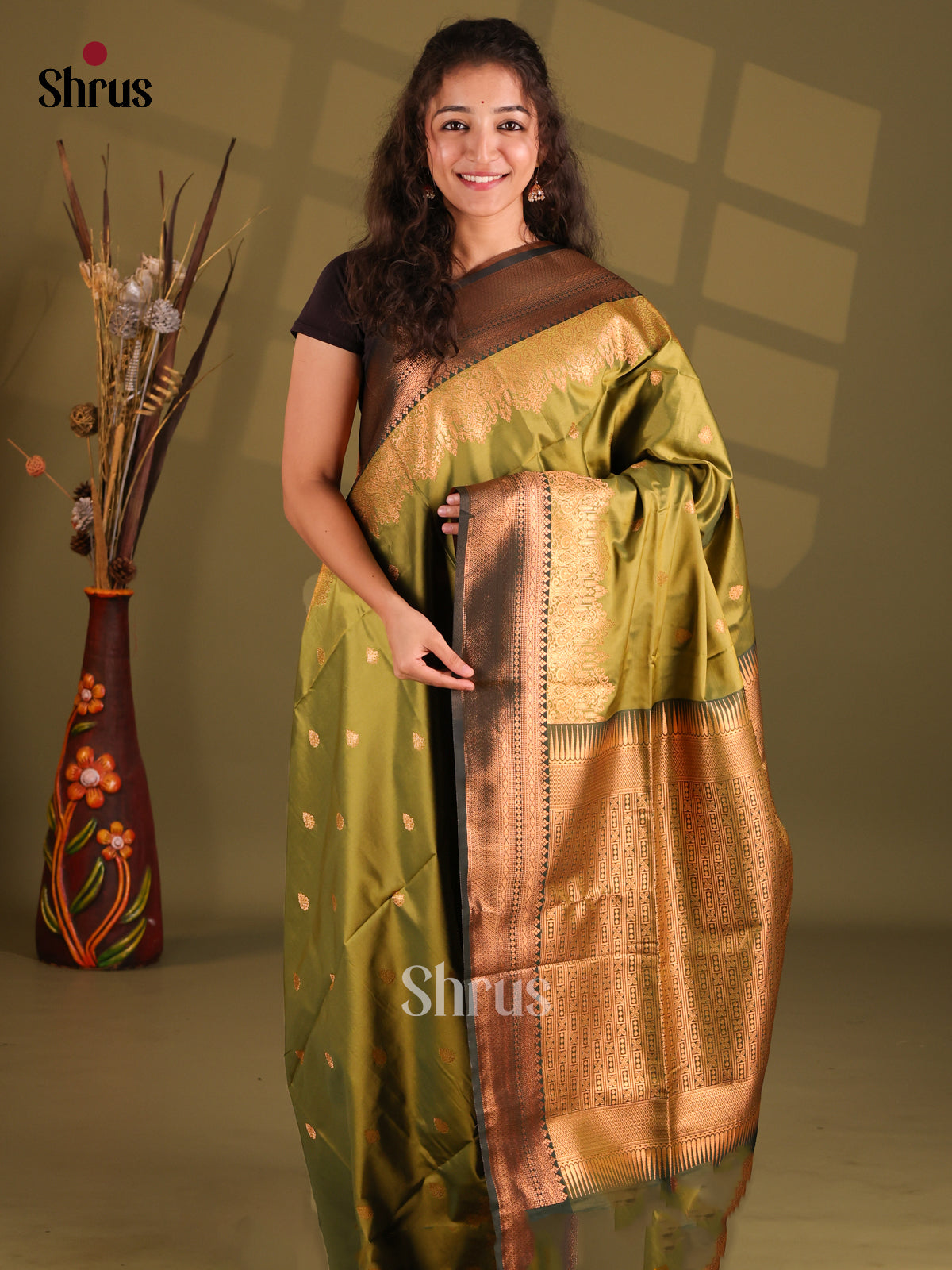 Mehandi Green & Green - Semi Softsilk Saree - Shop on Shrus.com