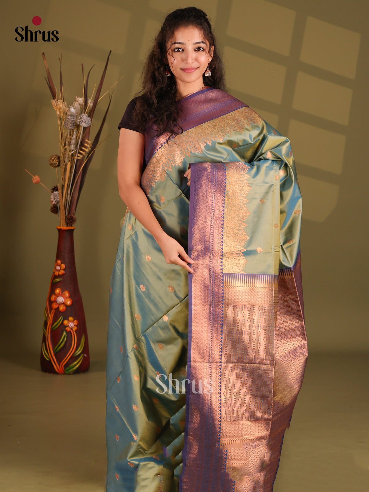 Green & Blue - Semi Softsilk Saree - Shop on Shrus.com