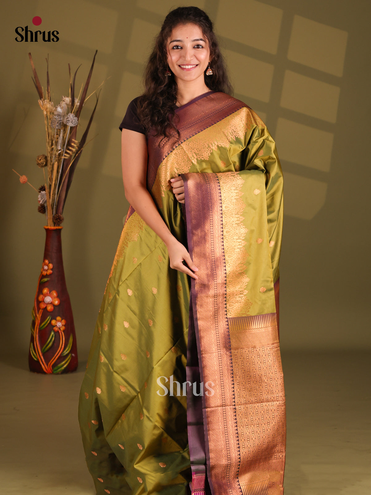 Light Green & Brown- Semi Softsilk Saree - Shop on Shrus.com