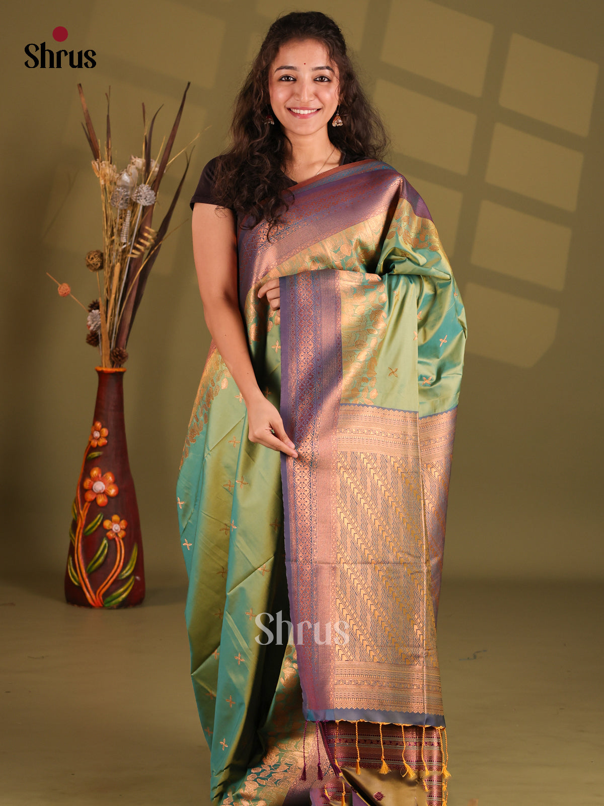 Green & Blue- Semi Softsilk Saree - Shop on Shrus.com
