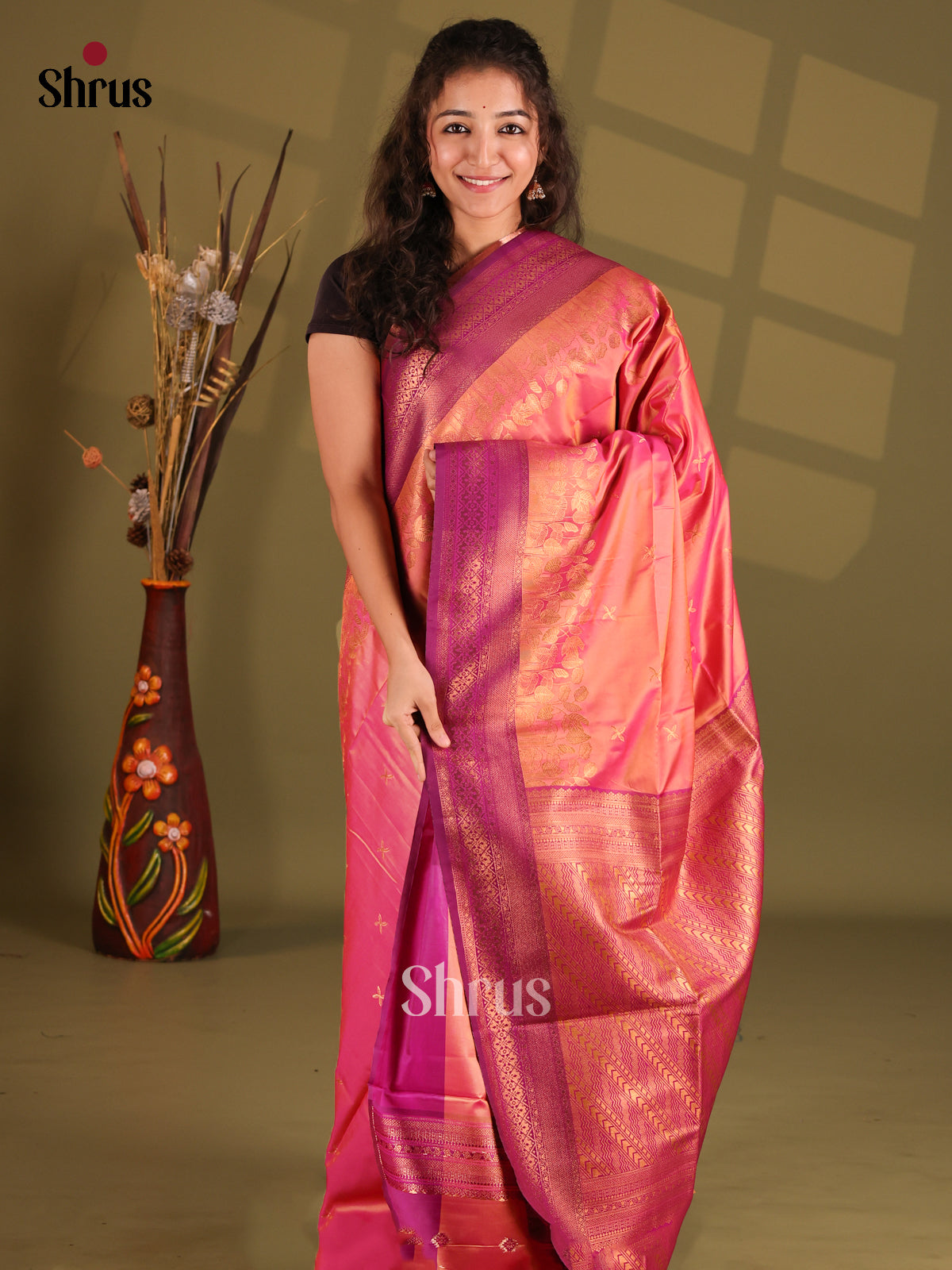 Orangish Pink & Purple- Semi Softsilk Saree - Shop on Shrus.com
