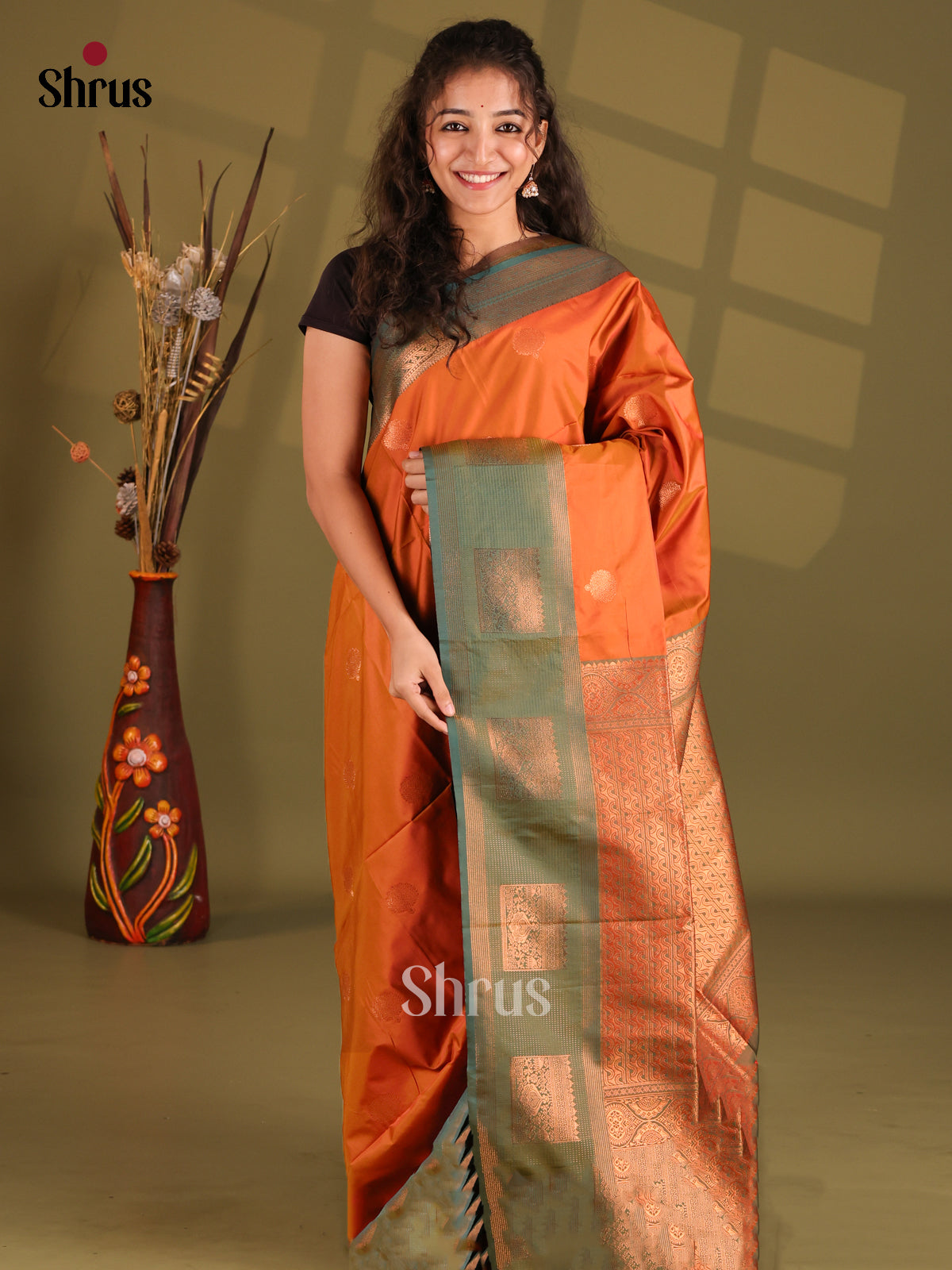 Orange & Green - Semi Softsilk Saree - Shop on Shrus.com