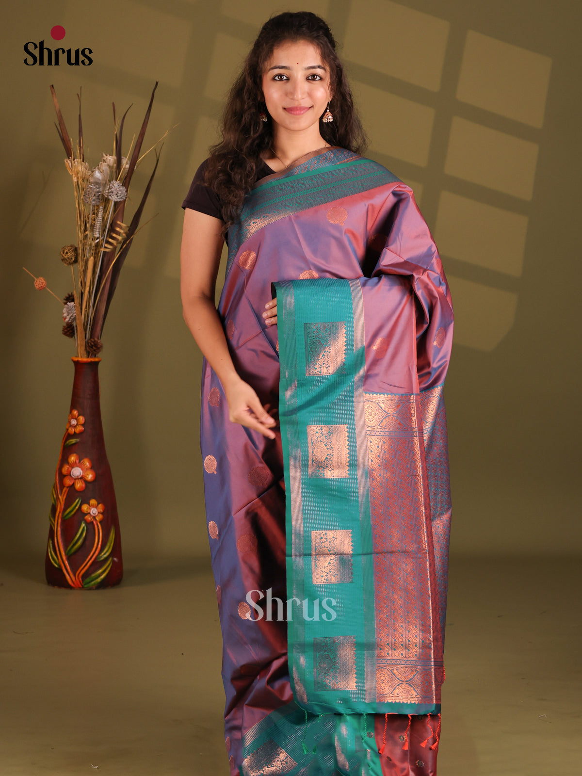 Purple & Green - Semi Softsilk Saree - Shop on Shrus.com
