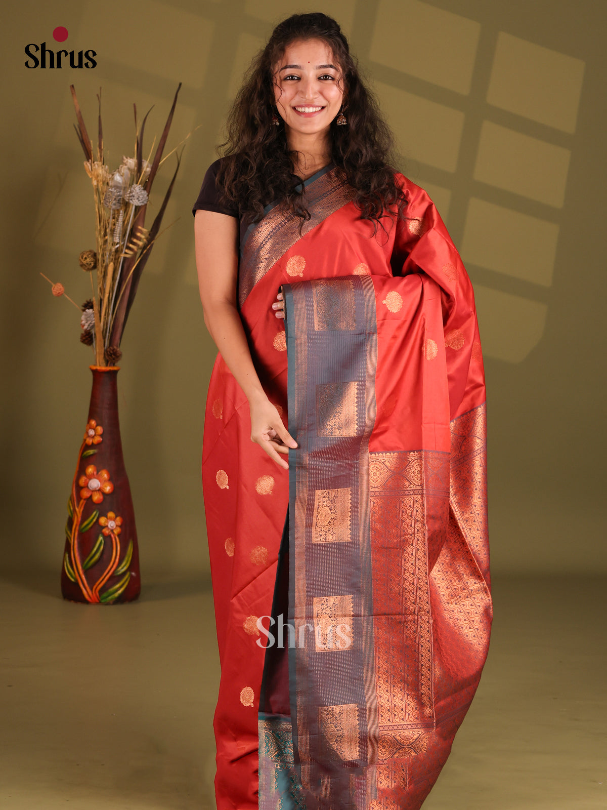 Red & Green - Semi Softsilk Saree - Shop on Shrus.com