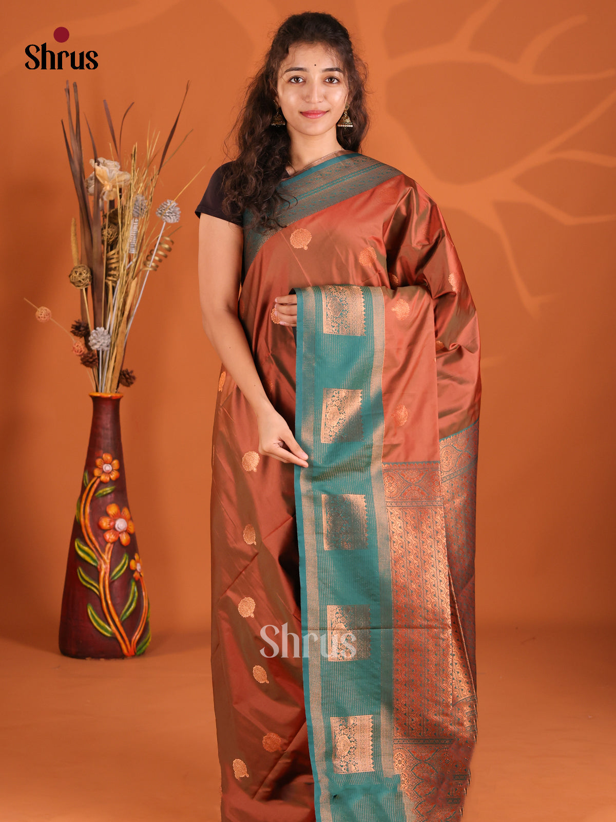 Brown & Green - Semi Softsilk Saree - Shop on Shrus.com