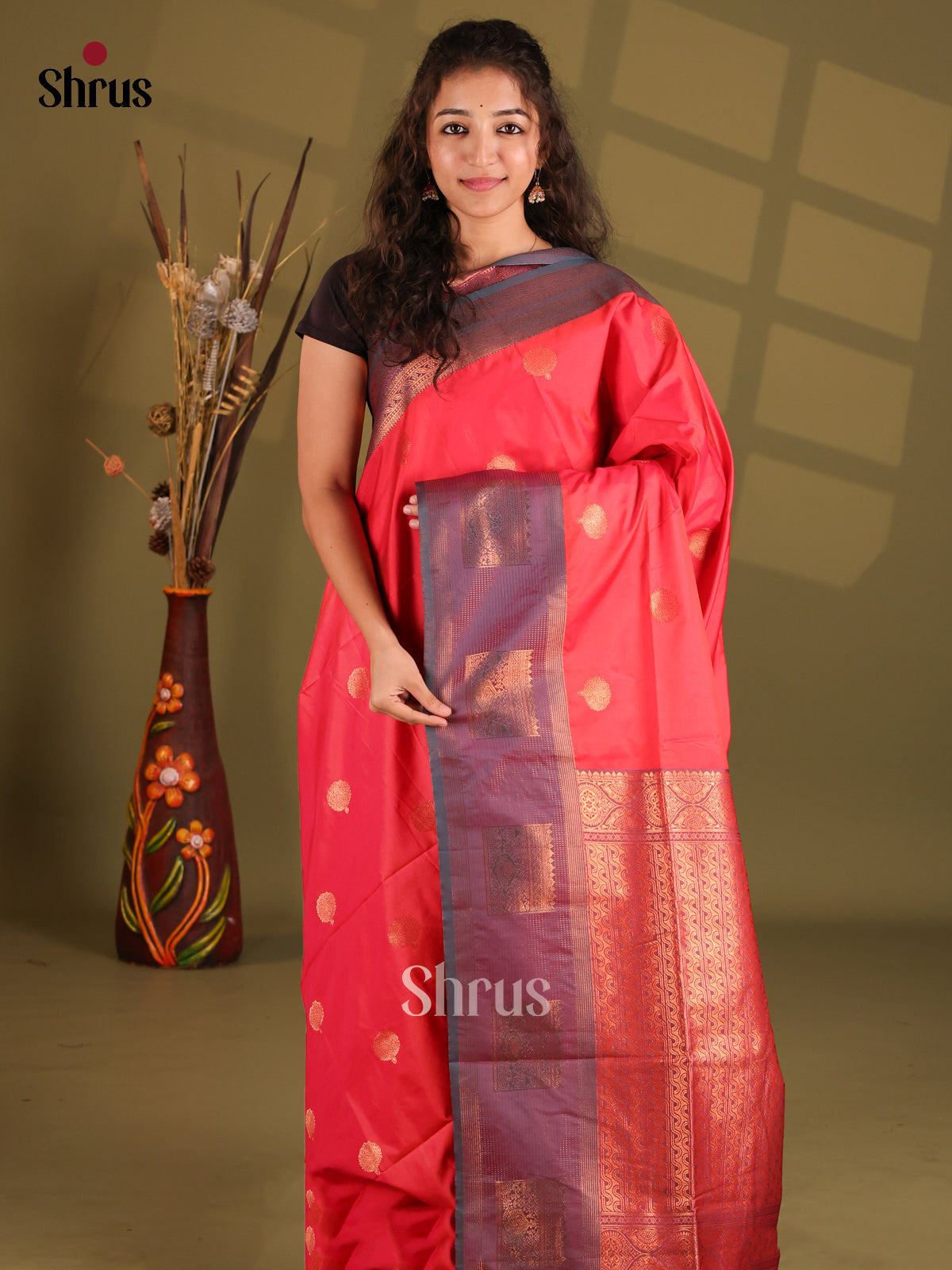 Reddish Pink & Purple - Semi Softsilk Saree - Shop on Shrus.com