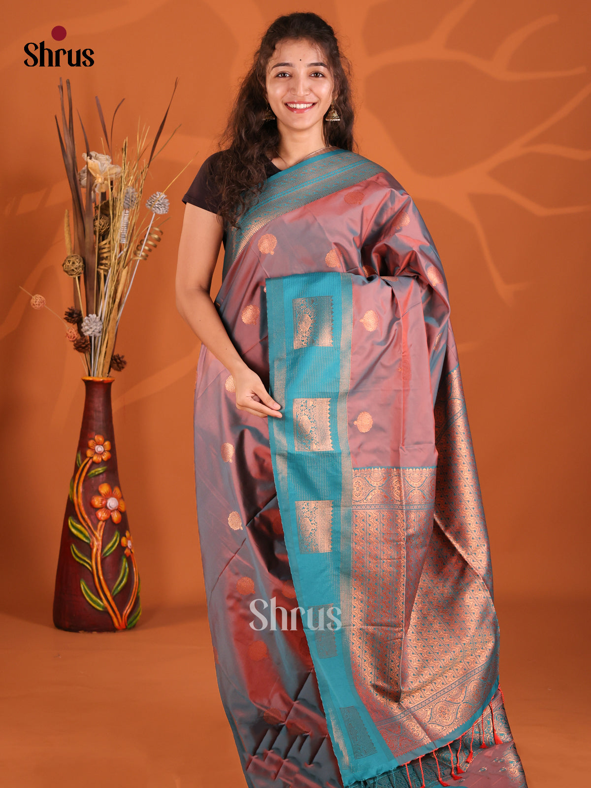Double Shaded Brown & Blue - Semi Softsilk Saree - Shop on Shrus.com